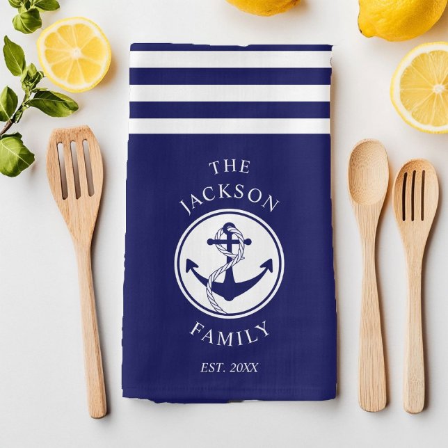 Paño De Cocina Nombre de familia Anclaje naumático Patrón de fran (Family Name Navy Blue Nautical Anchor Kitchen Towel)