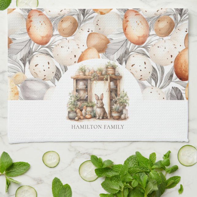 Paño De Cocina Nombre de familia de conejo de Pascua Rústico Beig (Doblado)