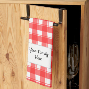 Paño De Cocina Nombre de familia editable rojo blanco retro cuadr