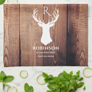 Paño De Cocina Nombre de familia Monograma Lago Rustic Deer Antle
