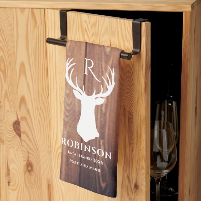 Paño De Cocina Nombre de familia Monograma Lago Rustic Deer Antle (Pliegue de tercios)