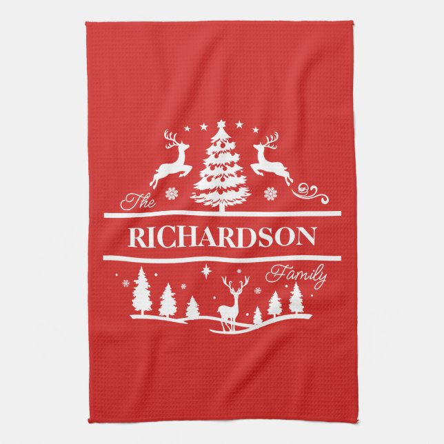 Paño De Cocina Nombre de familia personalizada de Navidades rojos (Vertical)