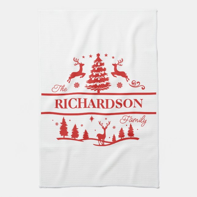 Paño De Cocina Nombre de familia personalizada de Navidades rojos (Vertical)