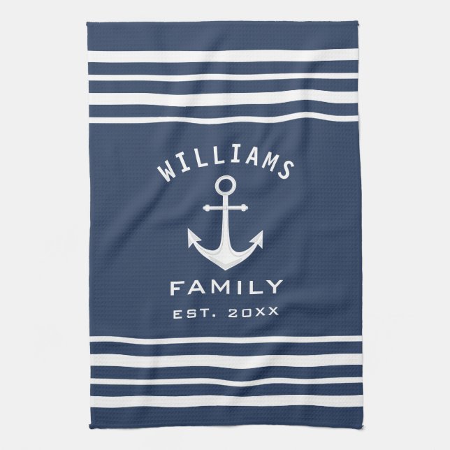 Paño De Cocina Nombre De Familia Personalizado Azul Náutico Y Bla (Vertical)
