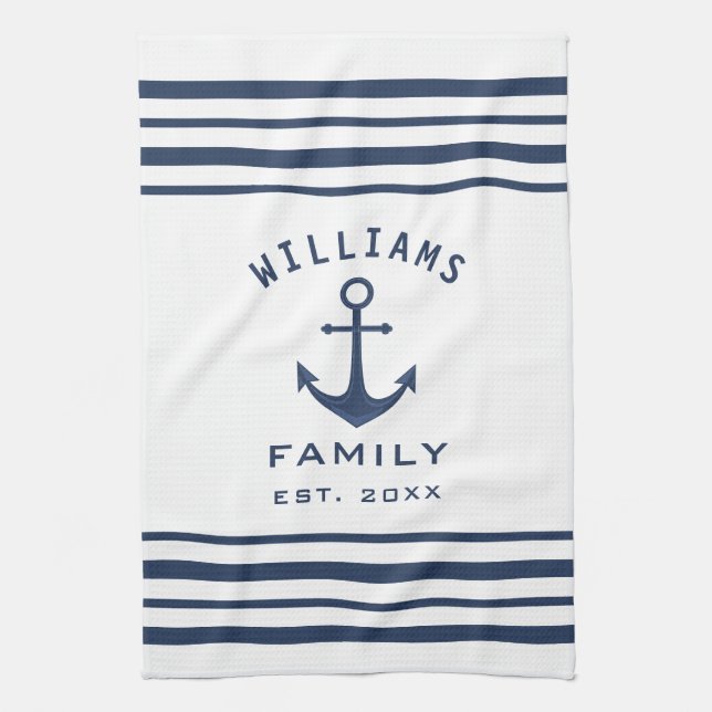 Paño De Cocina Nombre De Familia Personalizado Blanco Y Azul Náut (Vertical)