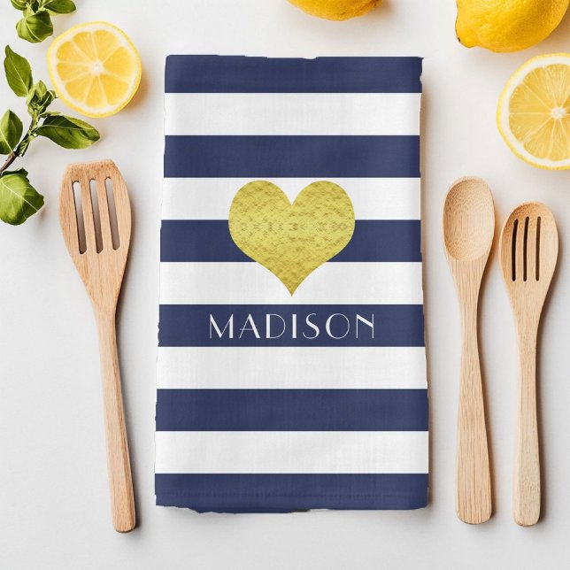 Paño De Cocina Nombre de franjas azules de la Marina moderna (Modern Navy Blue Stripes Name Kitchen Towel)