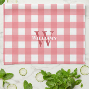 Paño De Cocina Nombre de Gingham blanco rosado e inicial