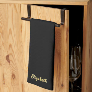 Paño De Cocina Nombre de guión elegante negro y dorado plantilla