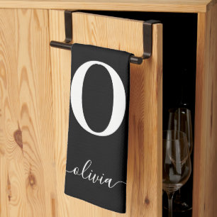 Paño De Cocina Nombre De Guión Monograma Personalizado Blanco Y N