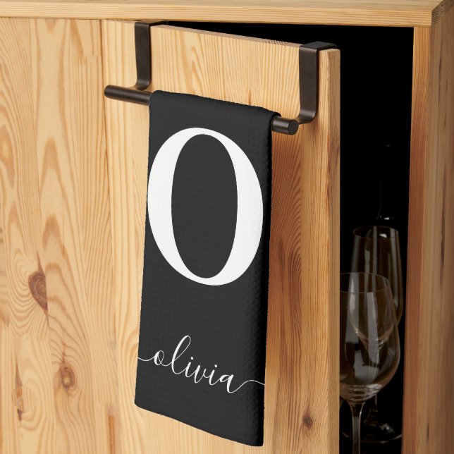 Paño De Cocina Nombre De Guión Monograma Personalizado Blanco Y N (Pliegue de tercios)