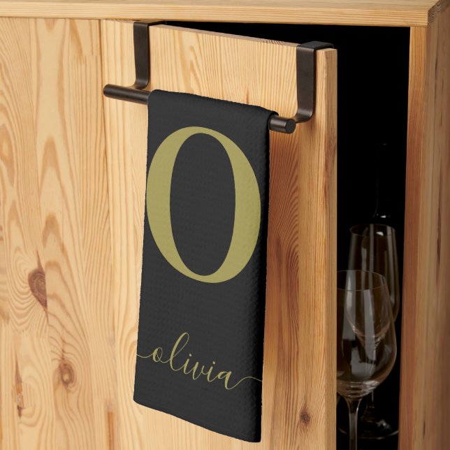 Paño De Cocina Nombre De Guión Monograma Personalizado Negro Y Or (Pliegue de tercios)