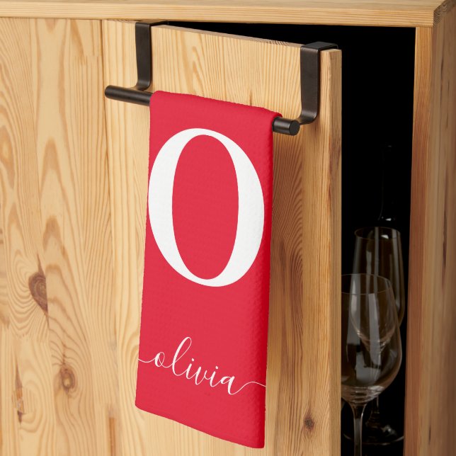 Paño De Cocina Nombre De Guión Monograma Personalizado Rojo Y Bla (Pliegue de tercios)