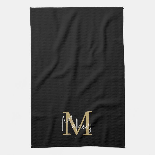 Paño De Cocina Nombre de la familia Gold Black White Monogram (Vertical)