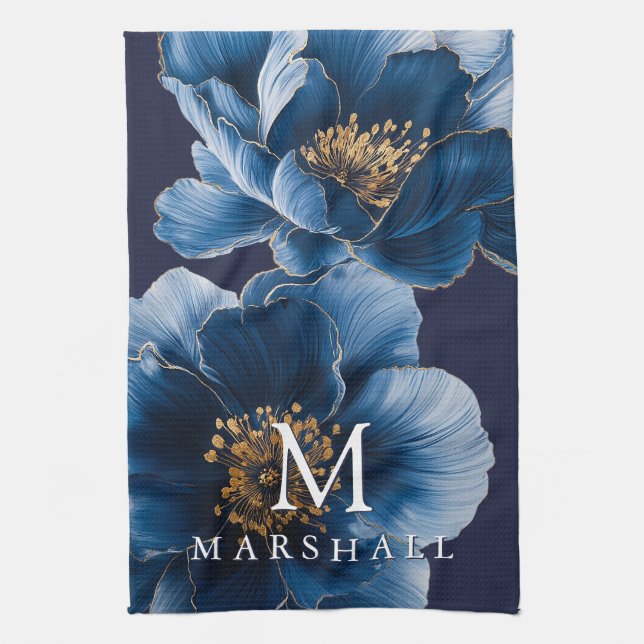Paño De Cocina Nombre de la familia Monograma Floral Moderno Navy (Vertical)