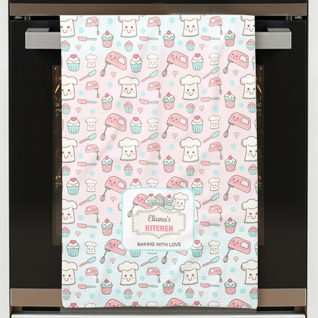 Paño De Cocina Nombre de la tarta azul rosa de horquilla (Cute Baking Pink Blue Cupcake Name Kitchen Towel)