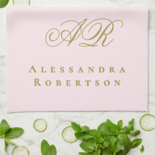 Paño De Cocina Nombre de monograma de oro rosa pastel minimalista
