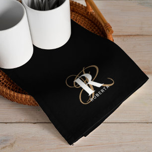 Paño De Cocina Nombre de monograma guión de oro negro elegante