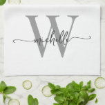 Paño De Cocina Nombre de monograma personalizado con escritura mo<br><div class="desc">Toalla de cocina personalizada elegante y moderna para chicas, con nombre inicial en monograma blanco y gris, letra script. Este diseño presenta su primer nombre en una bonita tipografía de letra manuscrita con cola de milano (o caligrafía) con monograma inicial en gris y negro sobre blanco. Estos son fáciles de...</div>