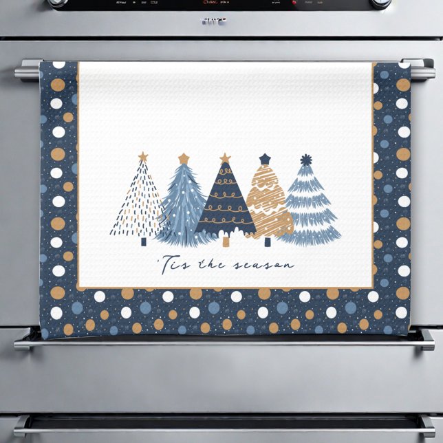 Paño De Cocina Nombre de Navidades de puntos modernos de los árbo (Navy Blue Trees Modern Dots Christmas Name Kitchen Towel)
