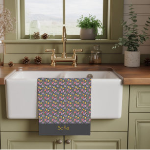 Paño De Cocina nombre de patrón de flor silvestre simple gris