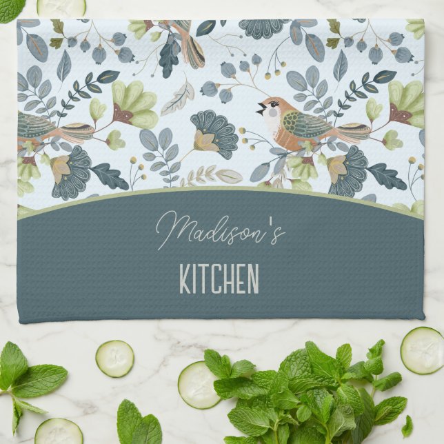 Paño De Cocina Nombre de patrón de flores y pájaros boho retro (Doblado)