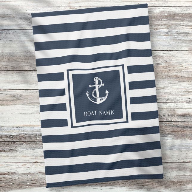 Paño De Cocina Nombre del barco de anclaje náutico con franja azu (Navy Blue Striped Nautical Anchor Boat Name Kitchen Towel)