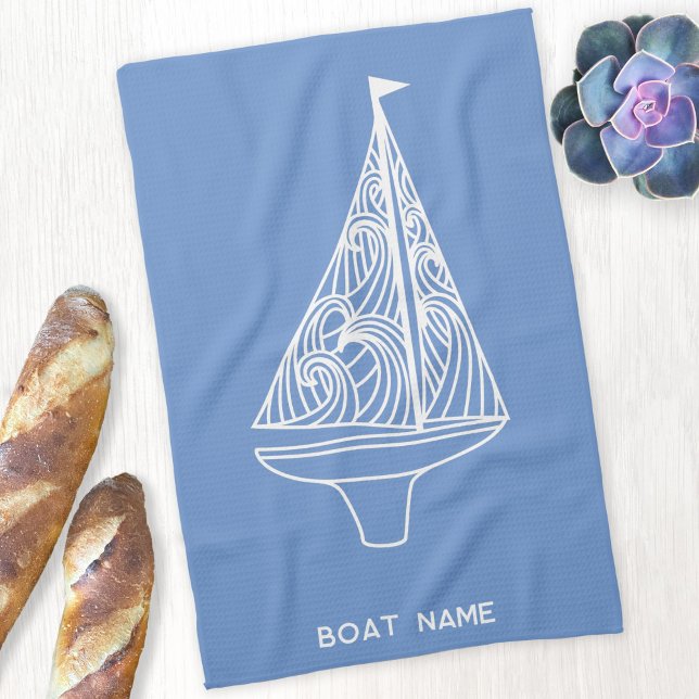 Paño De Cocina Nombre del barco de vela Nautical (Personalized boat name blue and white sailing boat nautical kitchen tea towel)