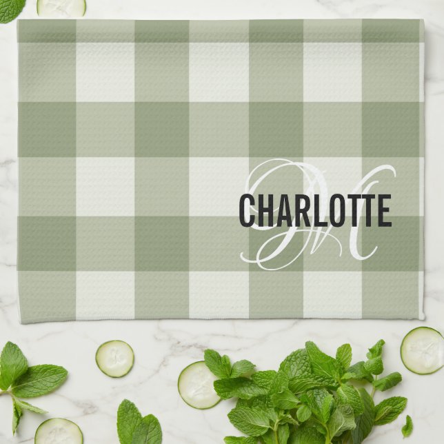 Paño De Cocina Nombre del monograma de Sage green gingham (Doblado)