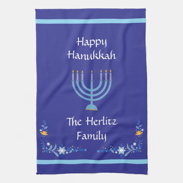 Paño De Cocina NOMBRE DEL Personalizar Blue HANUKKAH Menorah (Vertical)