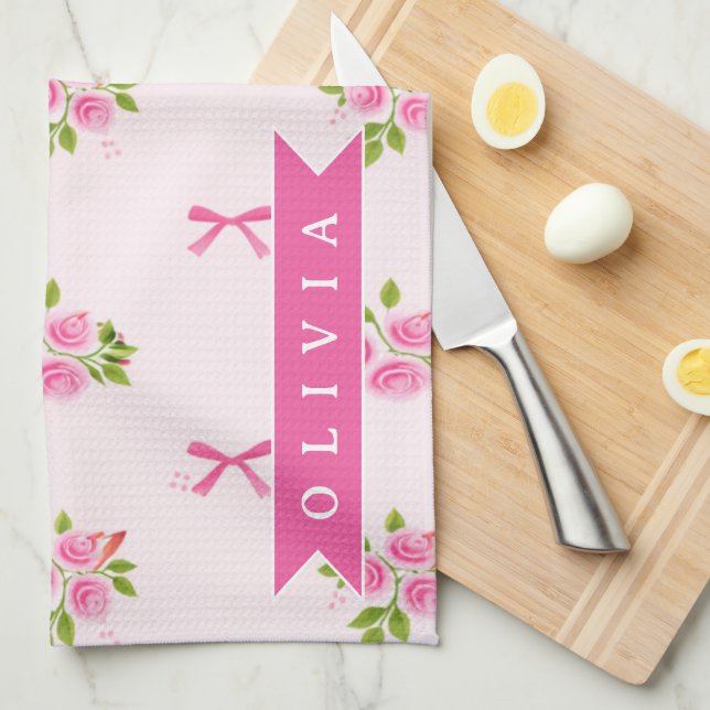 Paño De Cocina Nombre Floral Personalizado de Lazo Femenino Coque (Doblado Cuarto)