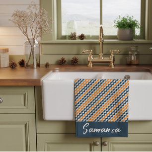 Paño De Cocina Nombre geométrico diagonal vintage naranja gris