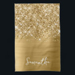 Paño De Cocina Nombre Glam Oro Brillante<br><div class="desc">Personaliza el estilo de escritura moderna a mano para crear tu propia toalla de cocina personalizada para su nuevo hogar. Agrega una inicial de monograma para crear una combinación de iniciales del primer nombre. Arte digital femenino de purpurina dorada falsa y lámina metálica dorada que se imprimirá como una foto...</div>