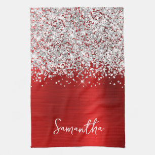 Paño De Cocina Nombre Glam Rojo Brillo Plateado