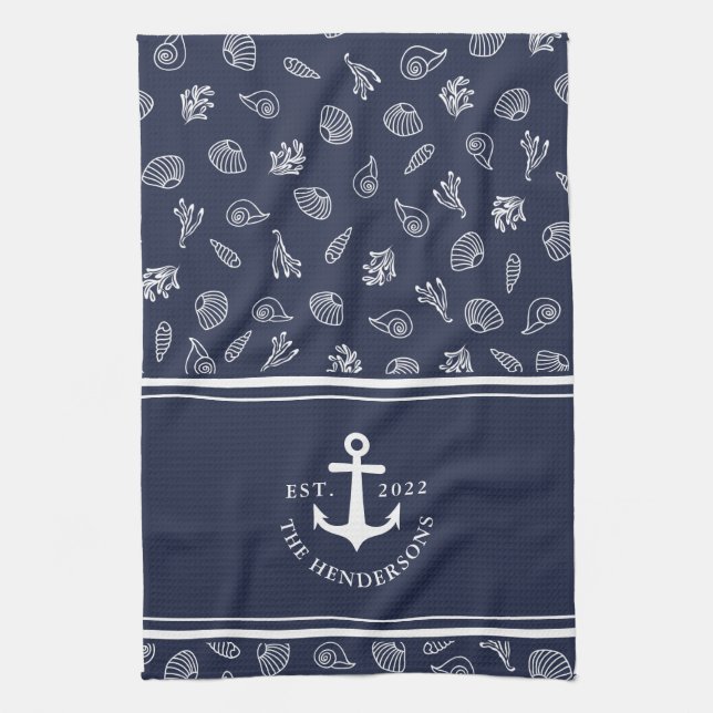 Paño De Cocina Nombre personalizado Anclaje blanco azul de la Mar (Vertical)