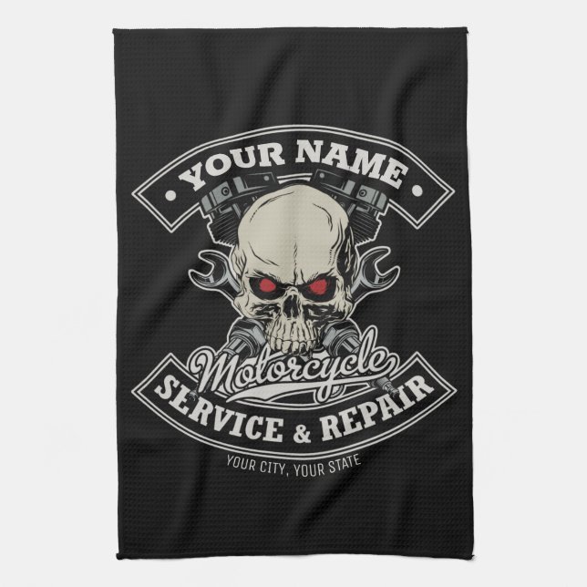 Paño De Cocina NOMBRE Personalizado Biker Mechanic Skull Motorcyc (Vertical)