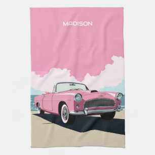 Paño De Cocina Nombre personalizado Coche clásico rosado