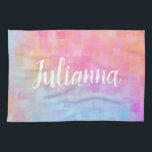 Paño De Cocina Nombre personalizado color de agua pastel rosa sua<br><div class="desc">Aclarar la cocina con esta toalla de cocina personalizada de color pastel acuático con una suave mezcla artística de tonos rosa, azul y melocotón. El elegante nombre de la escritura añade un toque personalizado, lo que lo convierte en un regalo perfecto para los ama de casa, los cumpleaños o cualquier...</div>