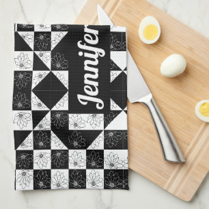 Paño De Cocina Nombre personalizado con flores modernas en cuadro