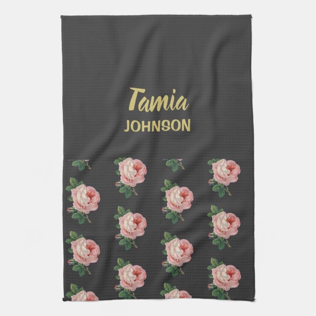 Paño De Cocina Nombre personalizado de flor rosa (Vertical)