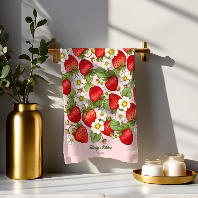 Paño De Cocina Nombre personalizado de fruta de verano de fresa (Strawberry pattern summer fruit personalized name kitchen towel customized housewarming gifts)