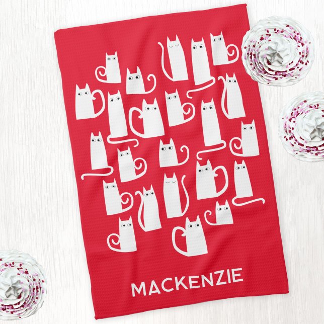 Paño De Cocina Nombre personalizado de gatos blancos divertidos (Red and white kitty cat festive personalized name kitchen tea towel)