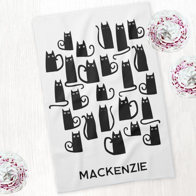 Paño De Cocina Nombre personalizado de gatos negros divertidos (Fun black cat personalized kitchen tea towel)