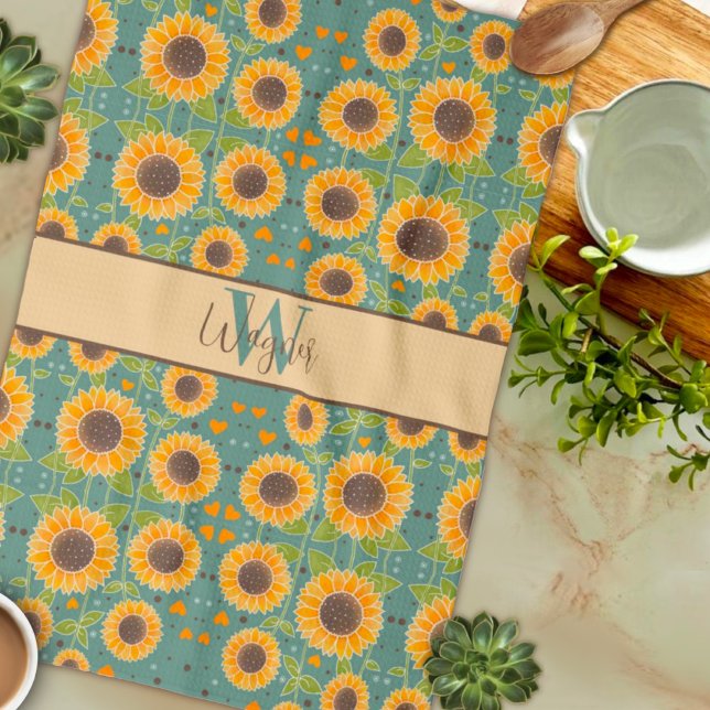 Paño De Cocina Nombre personalizado de girasol divertido inicial (Subido por el creador)