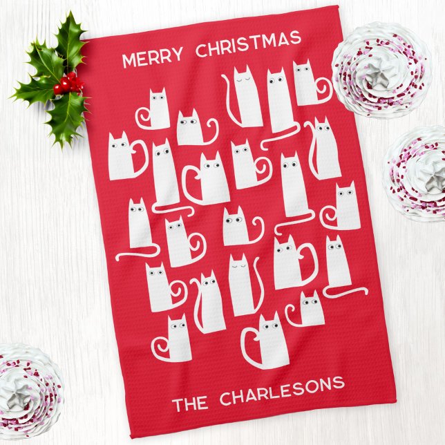 Paño De Cocina Nombre personalizado de los gatos blancos navidade (Fun personalized text Christmas kitty cat red and white kitchen tea towel)