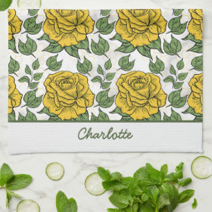 Paño De Cocina Nombre personalizado de patrón amarillo floral sin