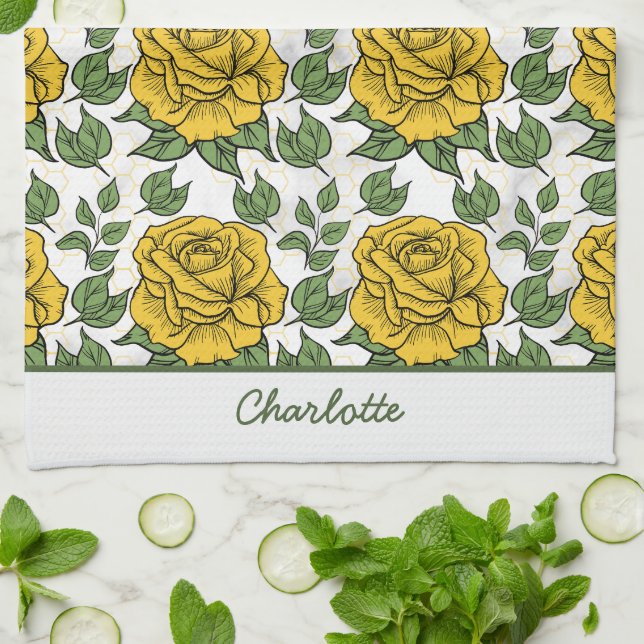 Paño De Cocina Nombre personalizado de patrón amarillo floral sin (Doblado)