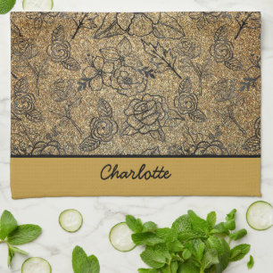 Paño De Cocina Nombre personalizado de patrón sin soldadura dorad
