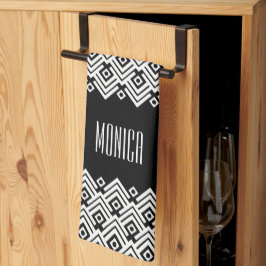 Paño De Cocina Nombre personalizado del damasco de chevron negro 
