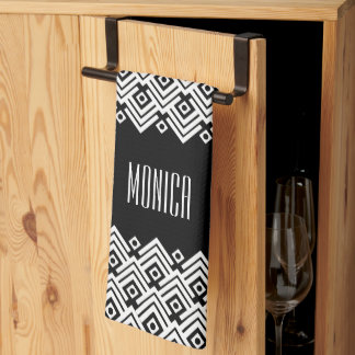 Paño De Cocina Nombre personalizado del damasco de chevron negro