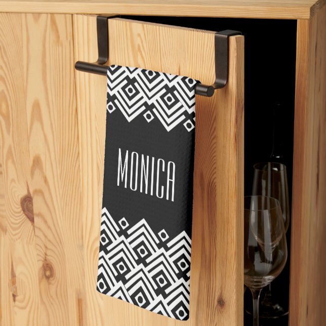 Paño De Cocina Nombre personalizado del damasco de chevron negro  (Pliegue de tercios)
